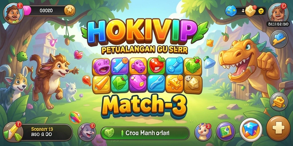 Tangkapan layar gameplay seru HOKIVIP dengan elemen Match-3 yang berwarna-warni.