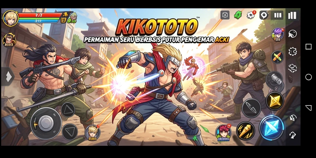 Tampilan gameplay KIKOTOTO yang penuh aksi dan karakter anime.