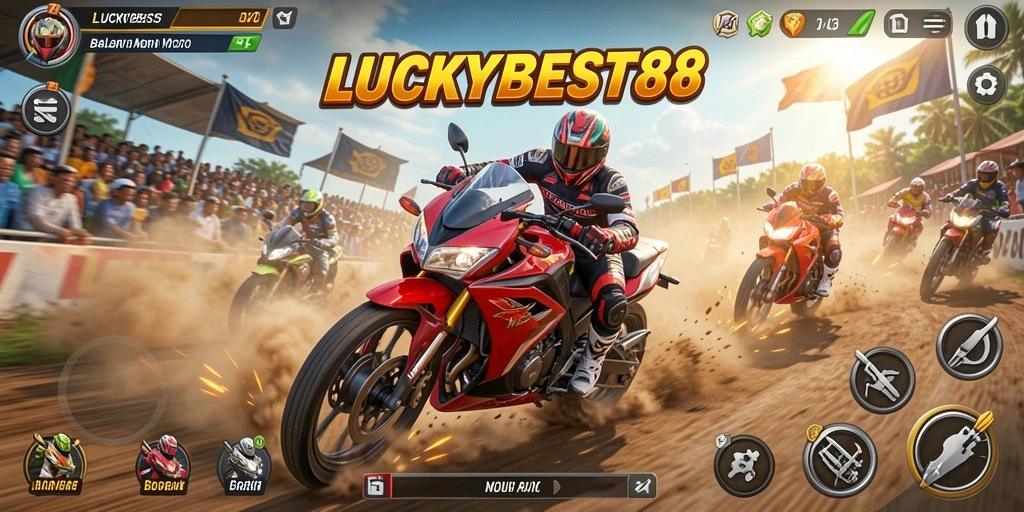 Screenshot gameplay LUCKYBEST88 yang menunjukkan balapan motor yang seru.
