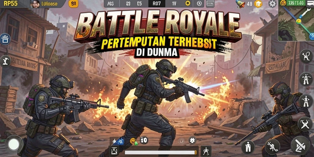 Tangkapan layar gameplay RP55 menunjukkan aksi pertempuran yang intens di arena Battle Royale.