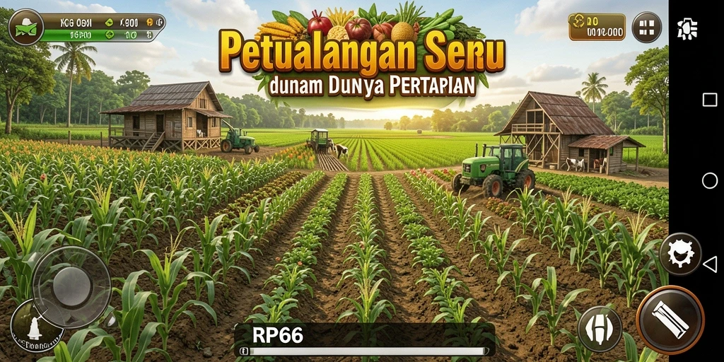 Screenshot gameplay RP66 menampilkan taman yang subur dan berbagai aktivitas pertanian.