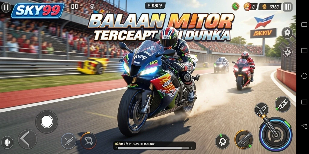 Tampilan gameplay menegangkan di trek balap motor SKY99.